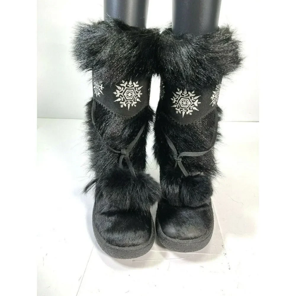 Oscar Sport Boots Black Apres‎ Goat Hair Pom Pom Embroidery Snow Bunny